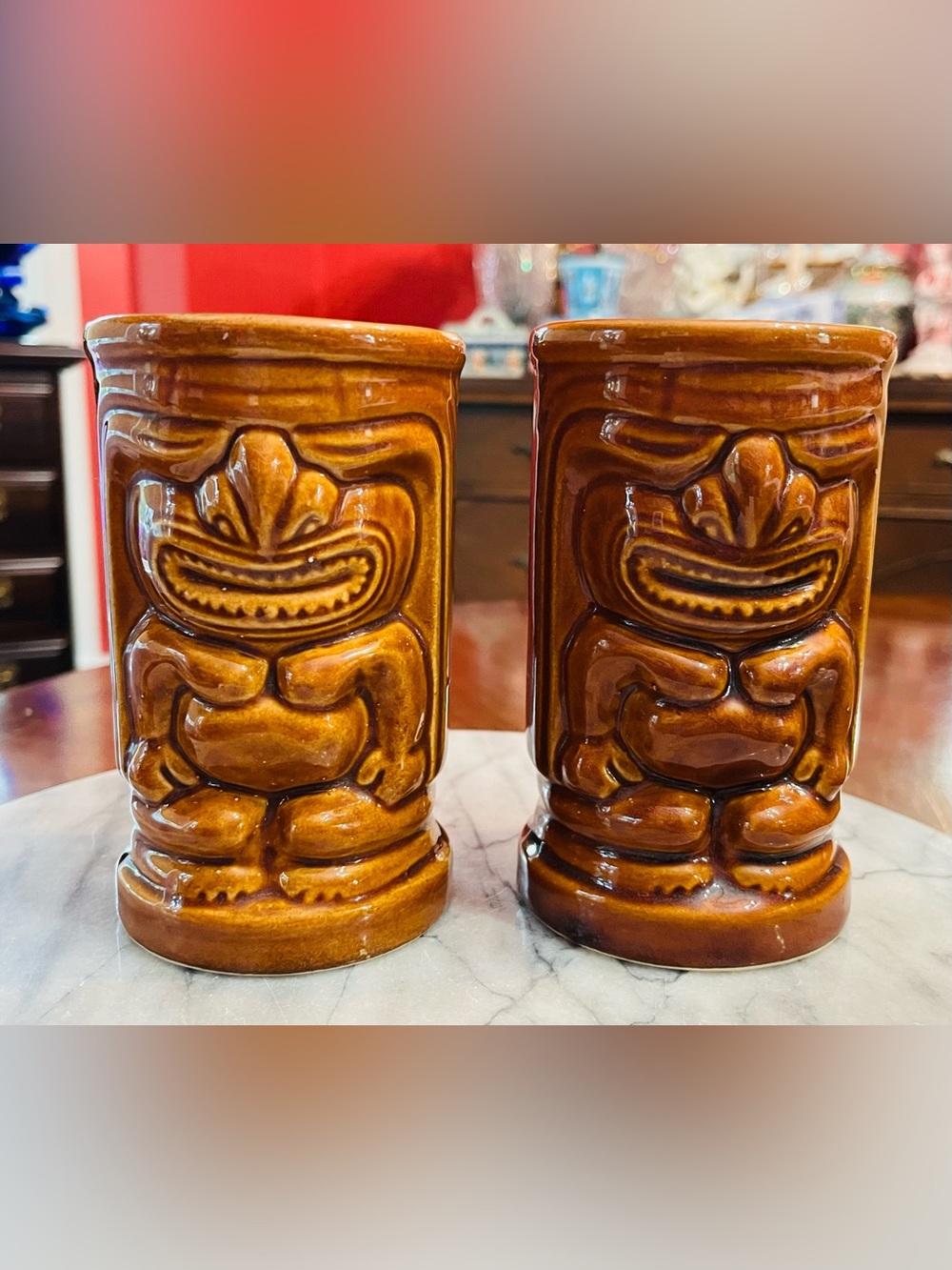 Set of 2 Orchids of Hawaii Leilani Tiki Mugs R-91 Japan, High Gloss No Crazing